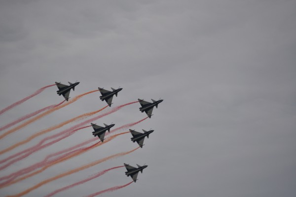 August 1st Aerobatics Team (China) flying J-10.<br><small>Zhukovsky, Moscow Oblast, Russia</small><br><small>August 31, 2013</small>